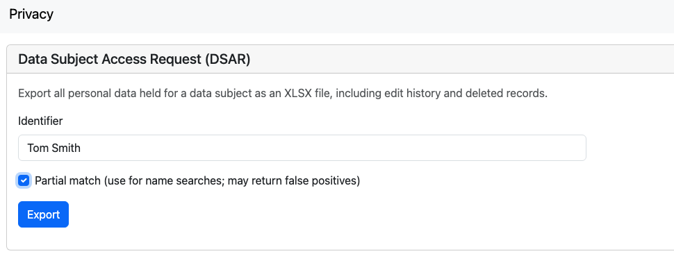 Shows a form with an identifier entered and a button labelled "Export".