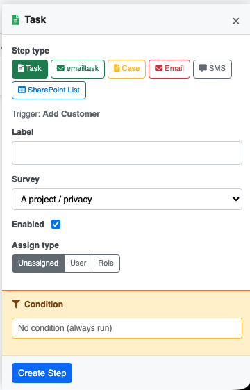 Shows a panel with options to use when adding a new Workflow step.