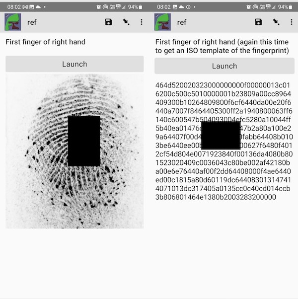 Field task screen showing the results of requesting an image, and an iso template fingerprint