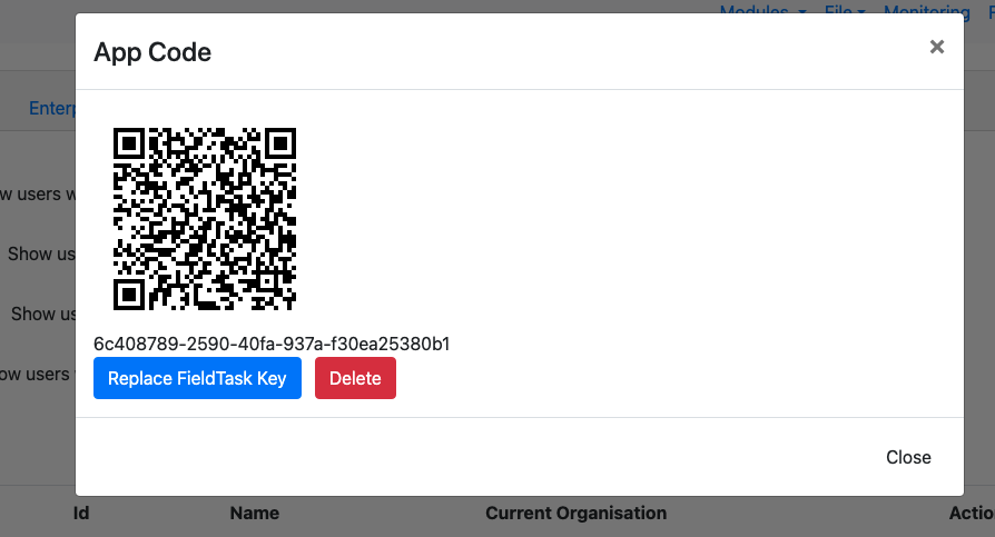 Popup showing QR Code