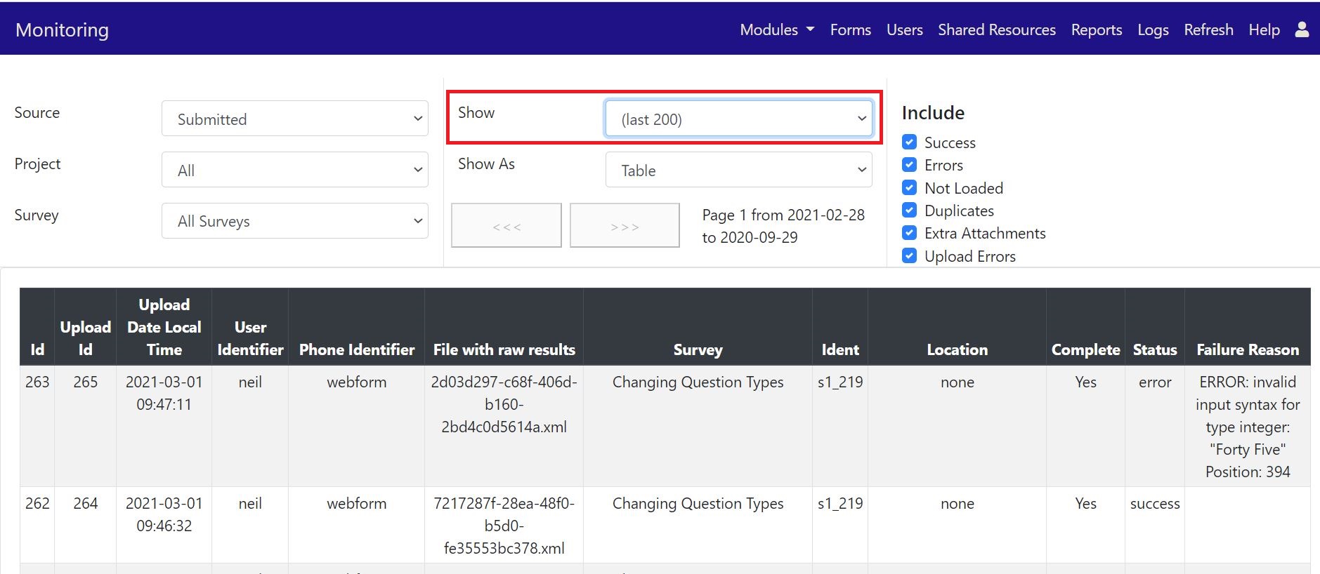 The monitoring page showing submission details