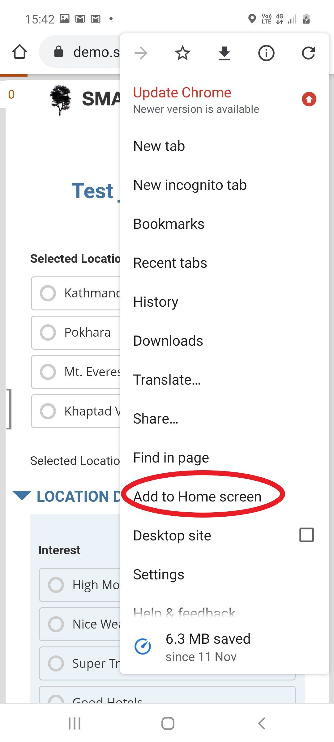 Add to home page screen option in browser menu