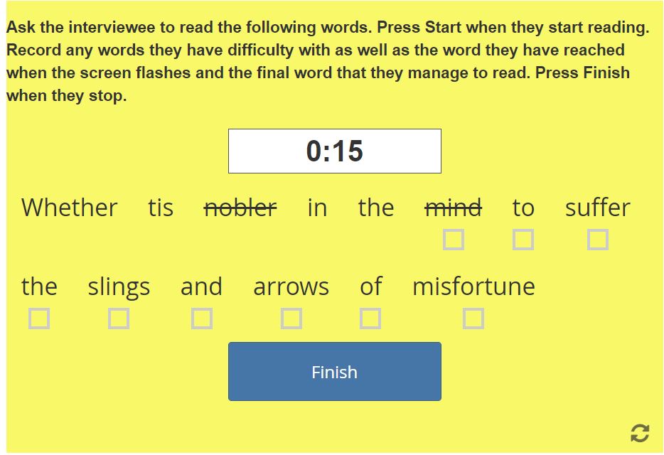 The literacy widget after the flash timer has gone off which results in a yellow background. Two words are marked as causing problems and are crossed out