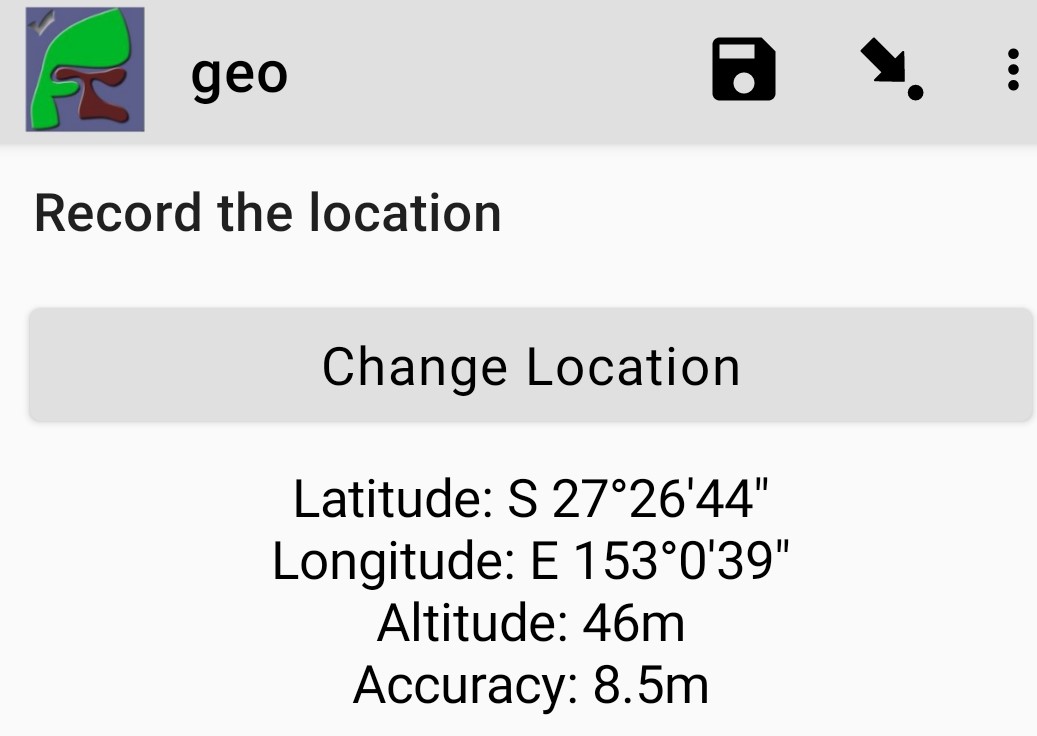 Results presented after a geopoint button has been pressed showing location and accuracy